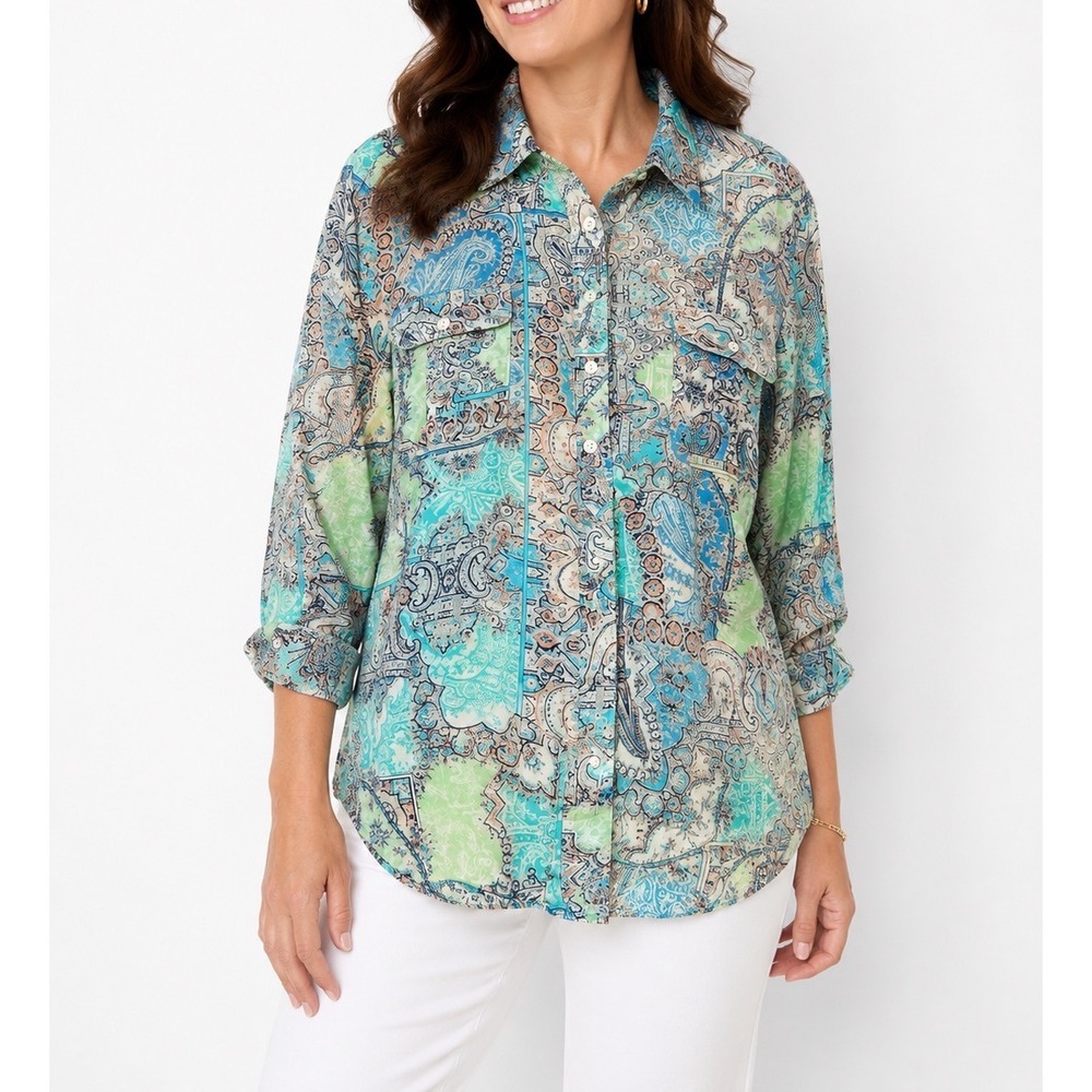 Chicos Blue Green Paisley Patchwork Button Down Roll Tab Shirt Size 3 XL Womens
